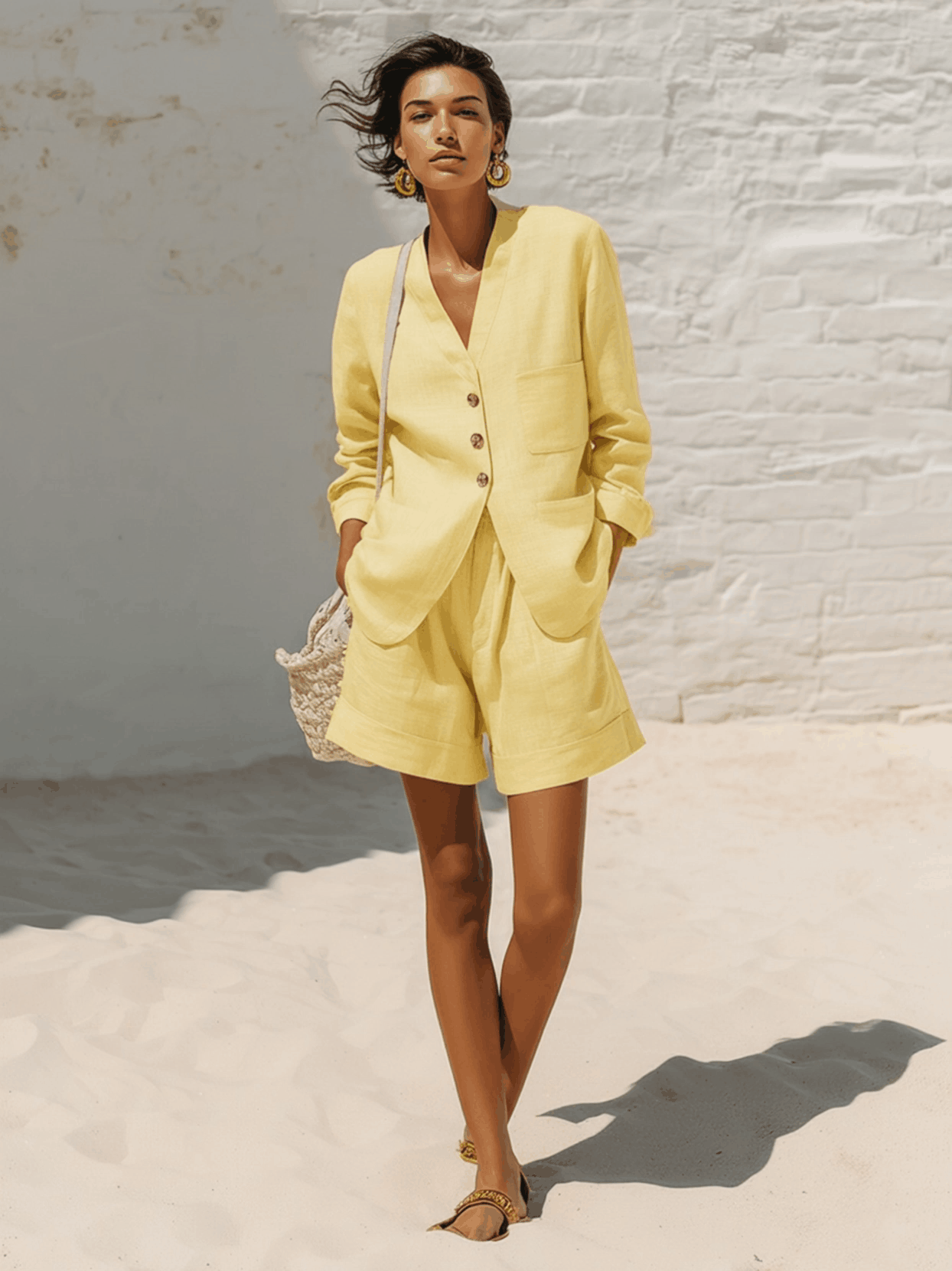 Casual Blue Cotton And Linen V-neck Top And Wide Leg Shorts Set