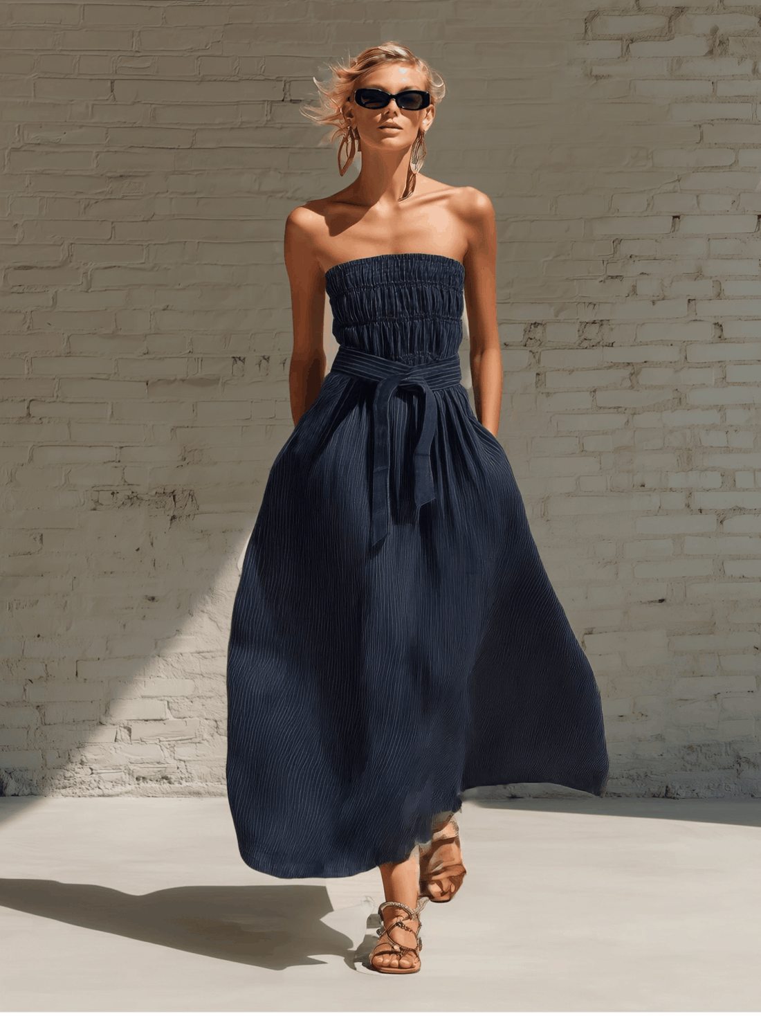 Stylish Simple Sleeveless Off-Shoulder Shirred-Bust Blue And White Stripes Cotton Maxi Dress