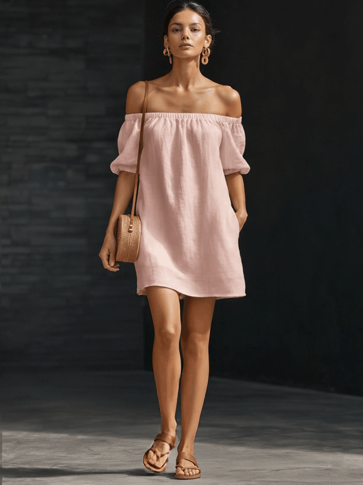 Casual Urban Pink Cotton Linen Off Shoulder Mini Dress