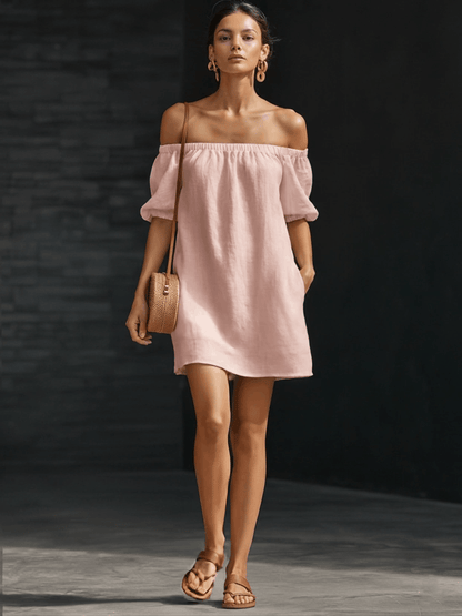 Casual Urban Pink Cotton Linen Off Shoulder Mini Dress
