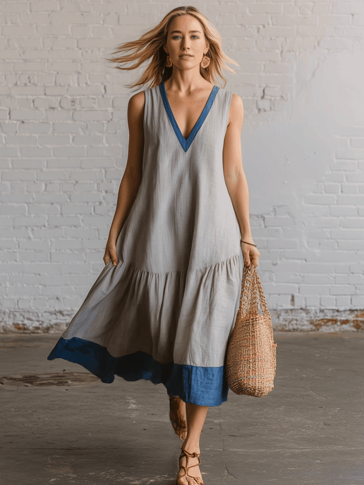 Casual Grey Cotton Linen V-neck Sleeveless With Blue Trim  Midi Dress