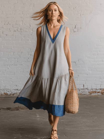 Casual Grey Cotton Linen V-neck Sleeveless With Blue Trim  Midi Dress
