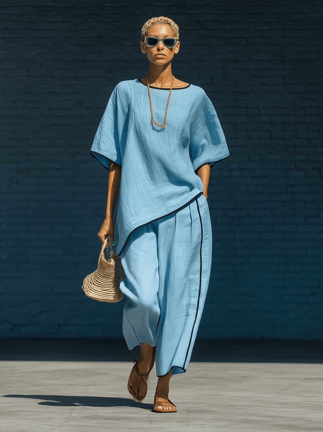 Stylish Simple Loose-fitting Short-sleeved Irregular Hem Top And Wide-leg Pants Blue Cotton Set