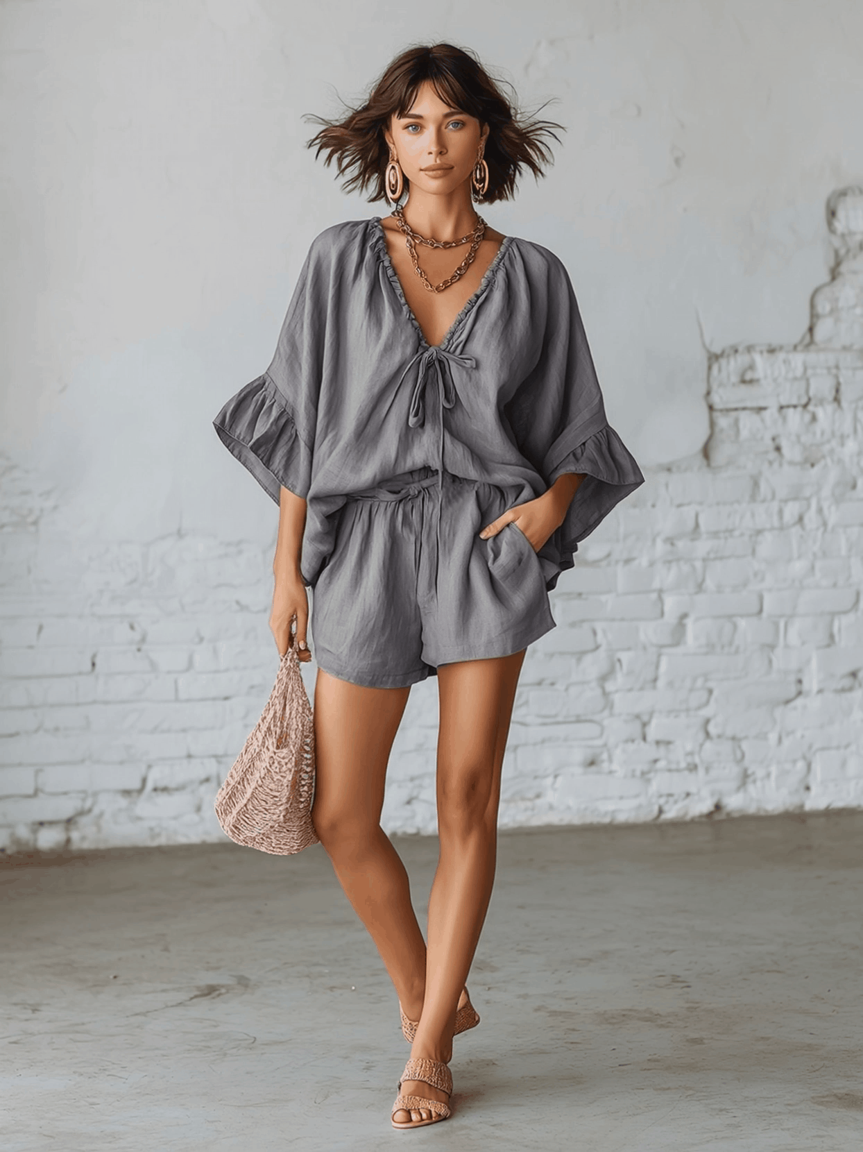 Bohemian Style Grey Linen Drawstring V-neck Ruffle Top And Shorts Set