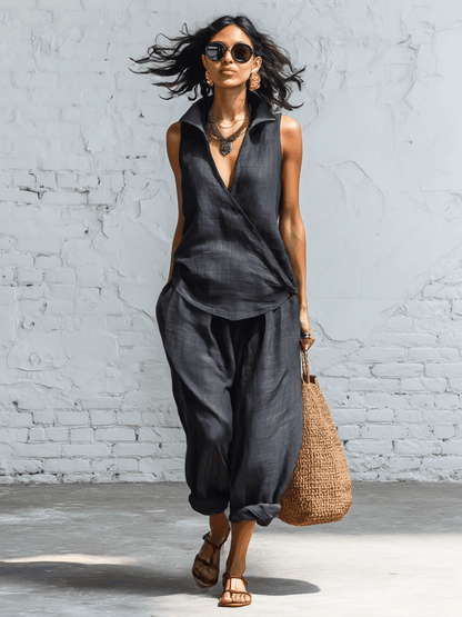Casual Grey Linen Wrap Front Sleeveless Top And Wide Leg Pants Set