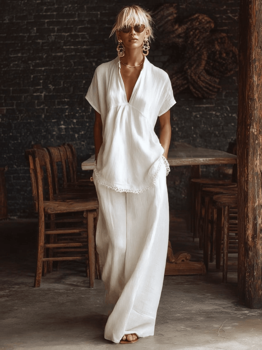 Elegant Casual Urban Style V-neck Lace Hem White Cotton Short-sleeved Top And Pants Set