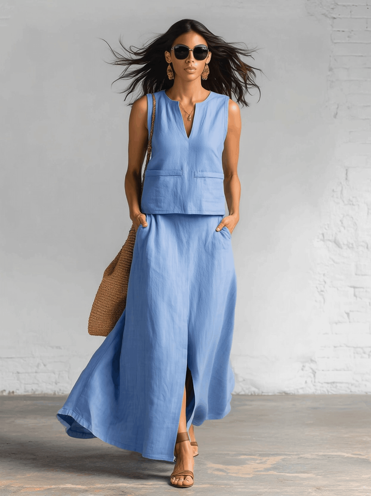 Casual Blue Cotton And Linen V-neck Sleeveless Top And Split Skirt Set