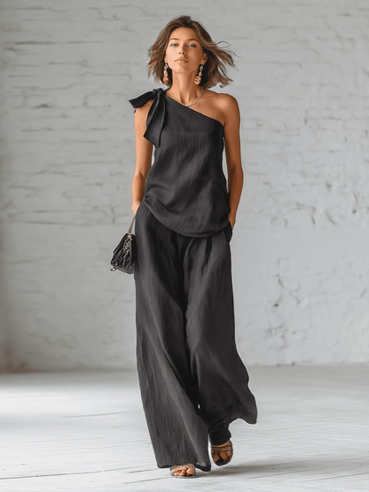 Gray Cotton And Linen Sleeveless One Shoulder Top With Tie Detail And Wide Leg Pants Set