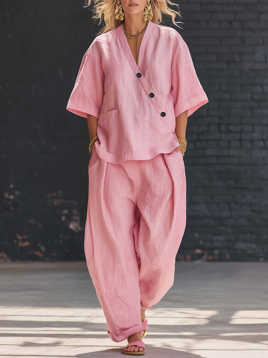 Casual Urban Pink Cotton Linen V-neck Asymmetrical Top And Pants Set