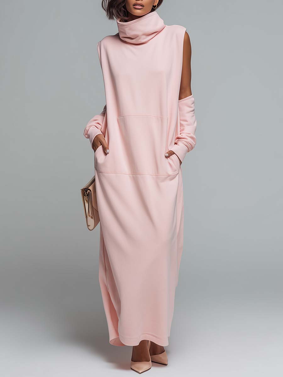 Elegant Retro Sporty High-neck Sleeveless Light Pink Cotton Maxi Dress