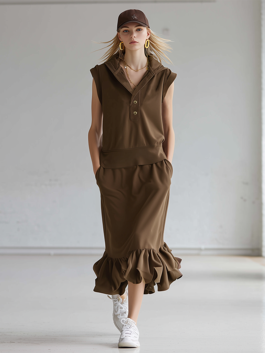 Sporty Style Brown Knitted Short Sleeved Top And Ruffled Skirt Set