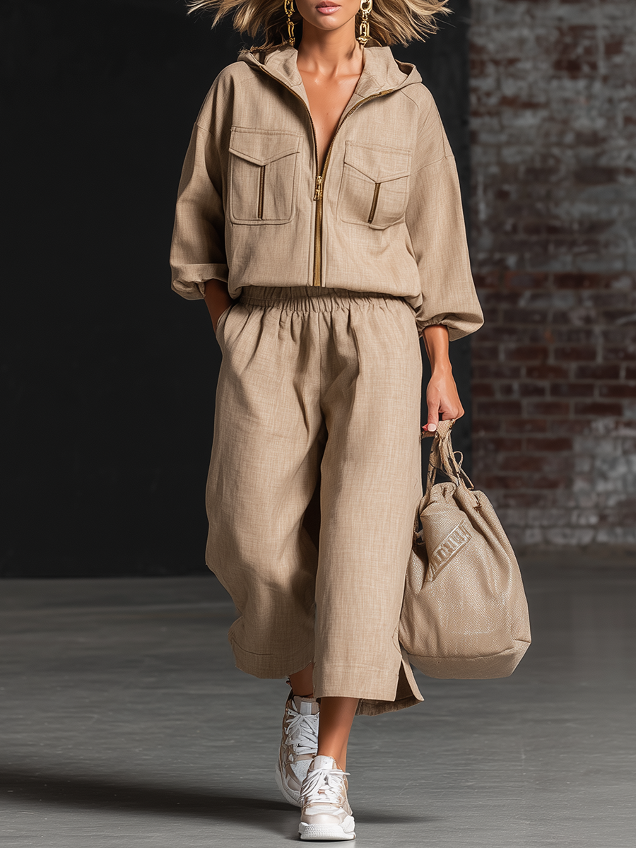 Casual Beige Cotton Linen Hooded Top And Slit Wide Leg Pants Set