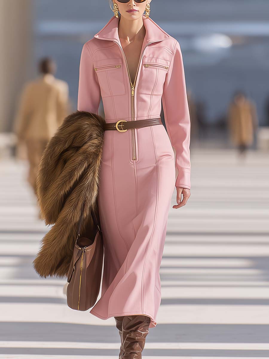 Exquisite Casual Versatile Lapel Front Zipper Belt Pink Maxi Dress