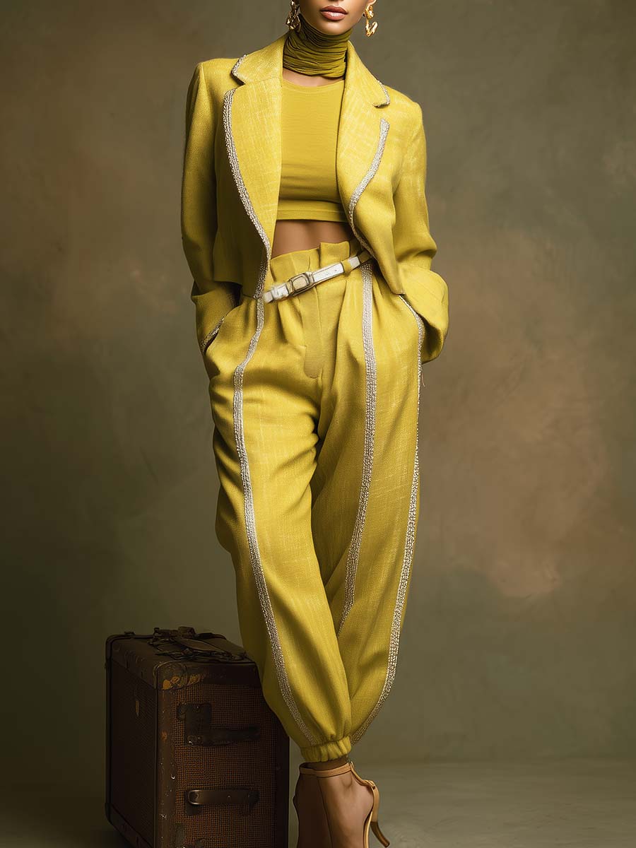 Exquisite Vintage Yellow Notched Lapel Rhinestone-trimmed Cropped Jacket And Pants Set