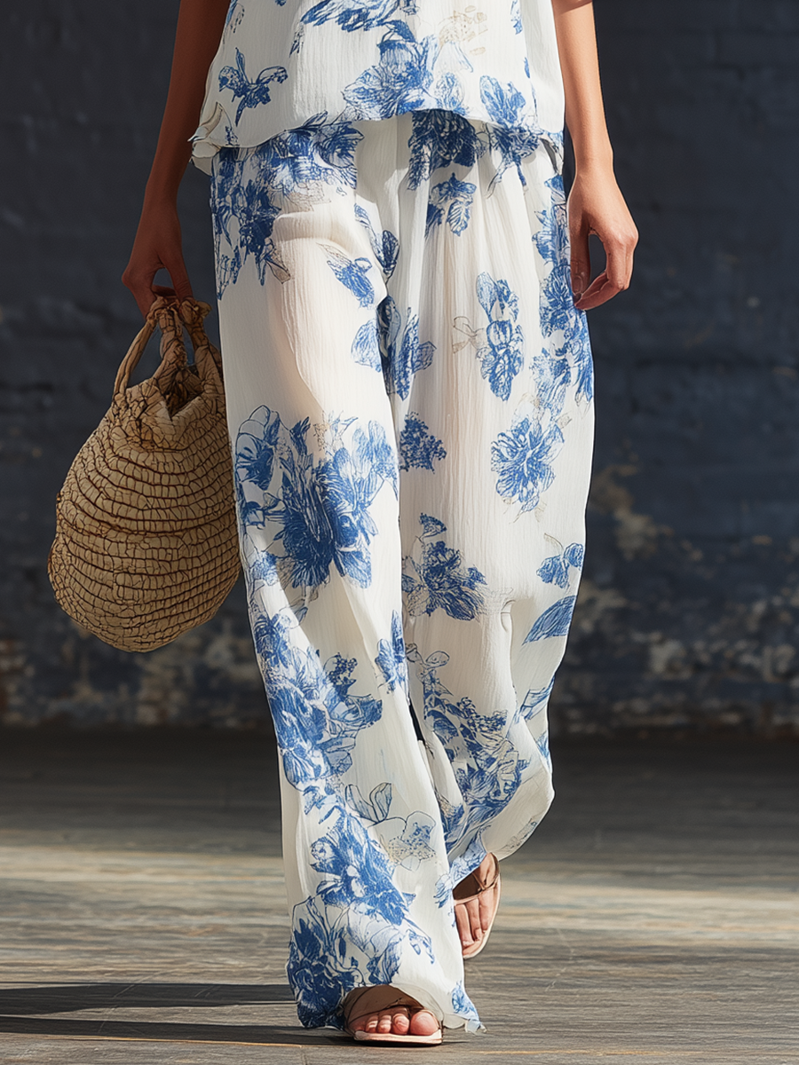 Casual White Chiffon Printed Short Sleeved Top And Wide Leg Pants Set