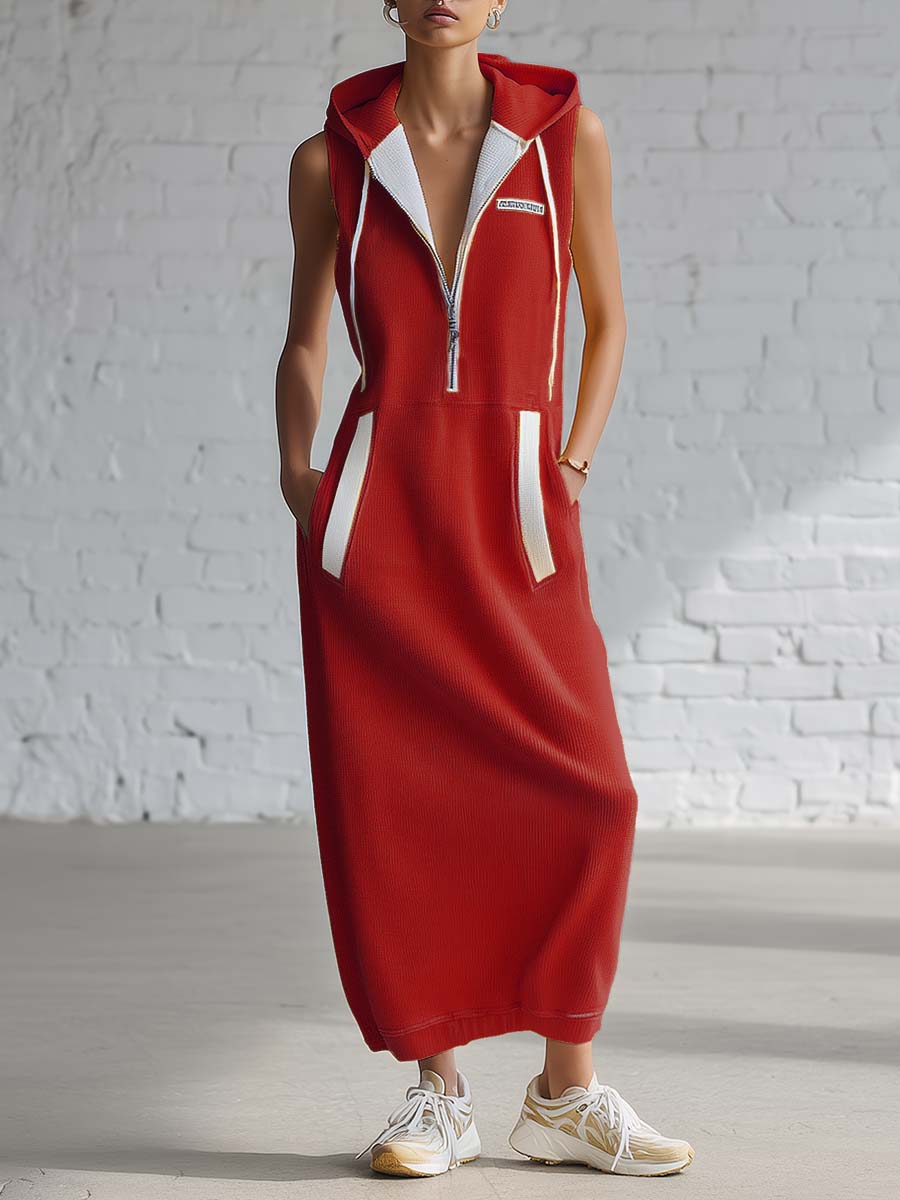 Casual Fashion Retro Hooded V-neck Front Zip Red Knitted Midi Dress