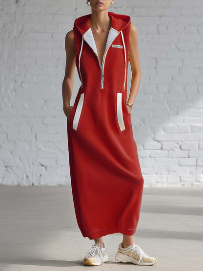 Casual Fashion Retro Hooded V-neck Front Zip Red Knitted Midi Dress