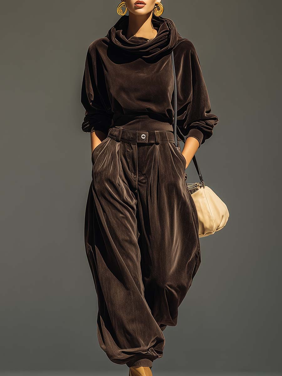 Vintage Sophisticated Casual Brown Velvet Hoodie And Loose Pants Set