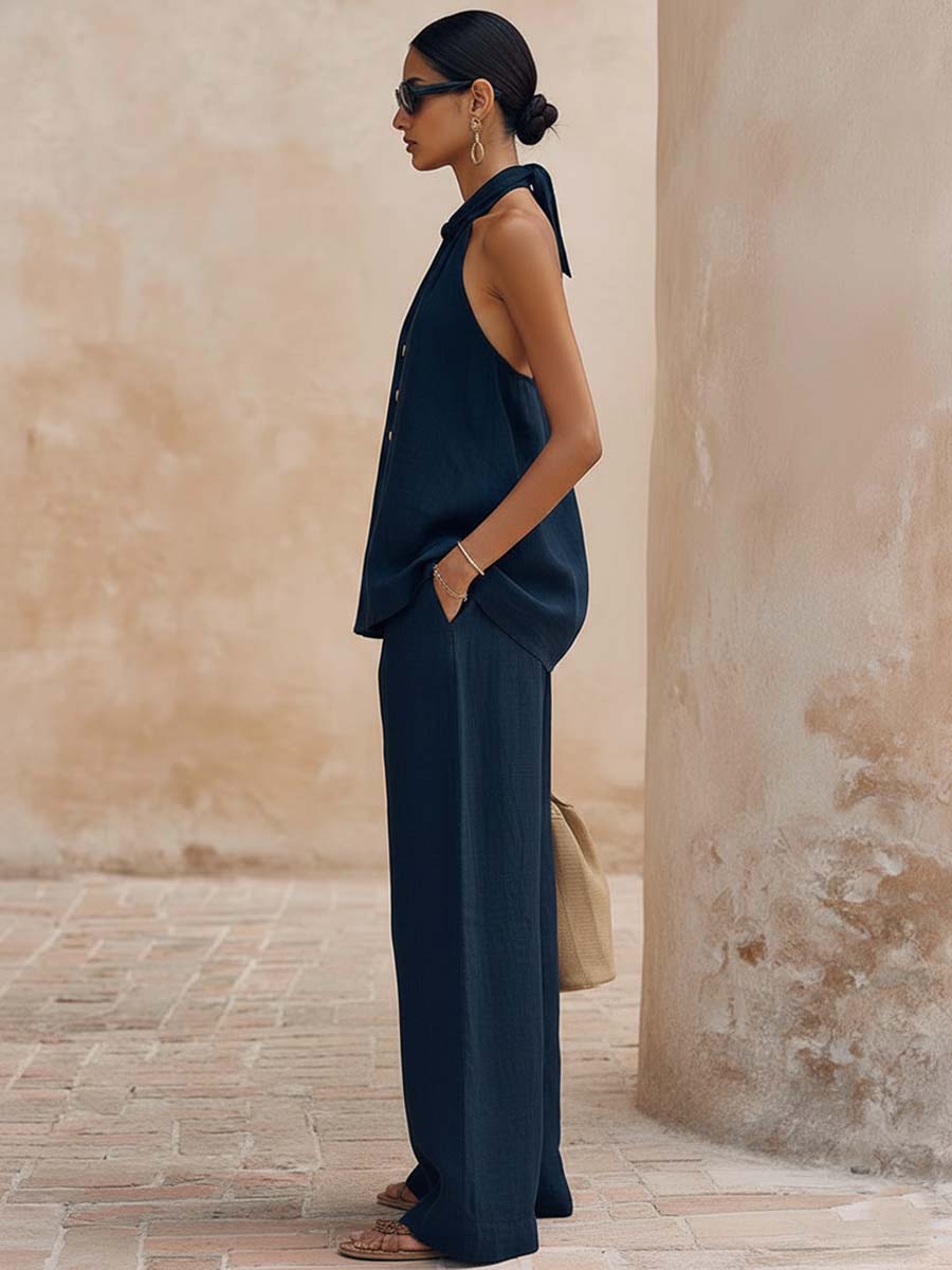 Casual Urban Halter Neck V-neck Front Button Dark Blue Cotton Linen Top And Pants Set