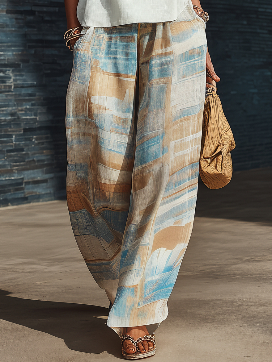 Stylish Minimalist Sleeveless Tie-Shoulder Straps White Cotton Top And Abstract-Print Chiffon Wide-Leg Pants Set