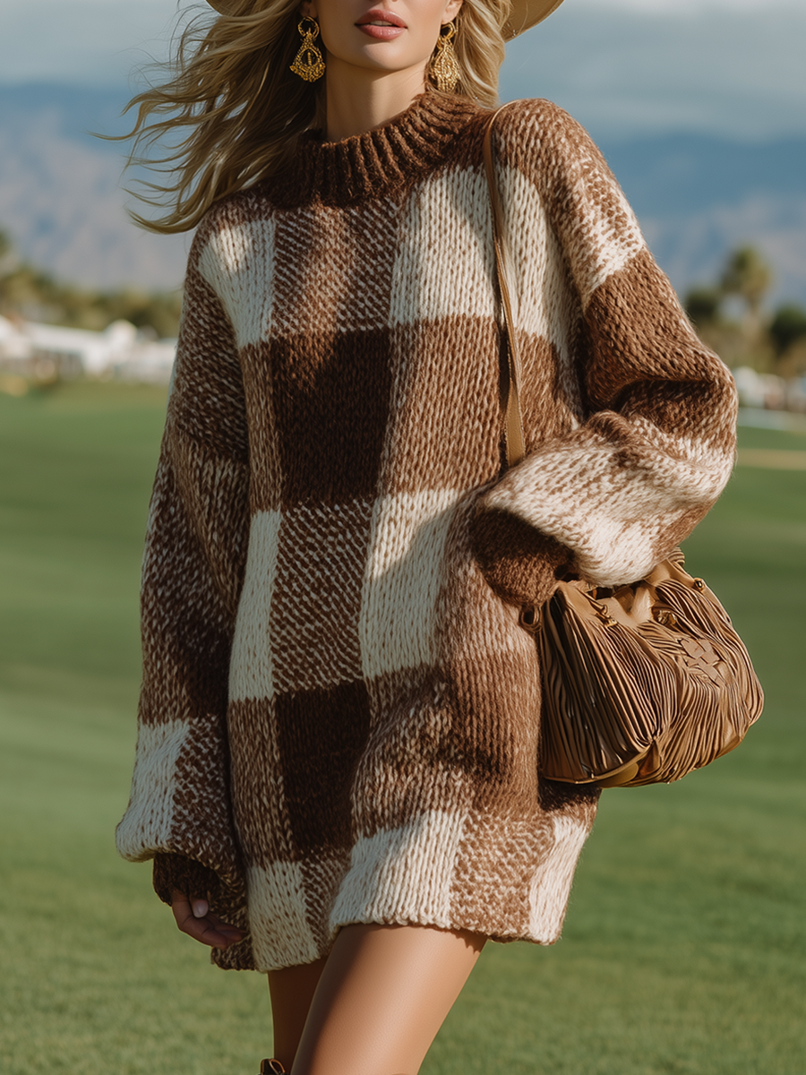 Breathable Lazy Fashion Round Neck Brown And Cream Color-blocked Plaid Knit Mini Dress