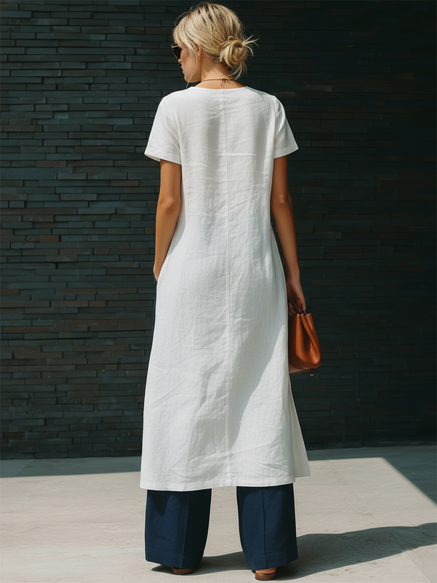 Stylish Simple Short-sleeved Slanted Placket Button Slit White Long Skirt Top And Navy Blue Trousers Cotton Set