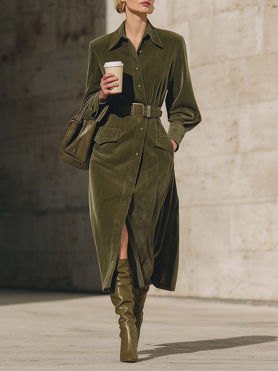 Vintage Velvet Button-Up Green Midi Dress