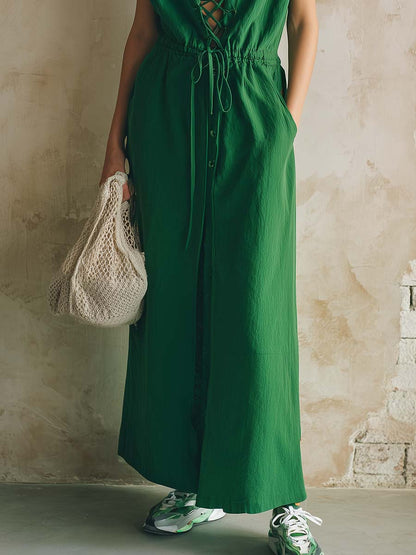 Retro Casual Urban Style Lapel Front-tie Emerald Green Cotton Maxi Dress
