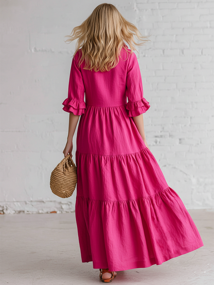 Retro Pink Cotton Linen Ruffled Button Maxi Dress