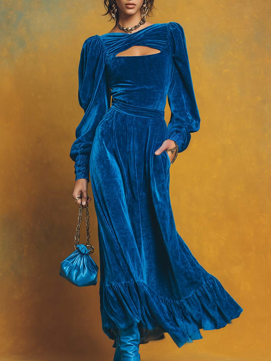 Retro Fashion Exquisite Openwork Neckline Puff Hem Royal Blue Velvet Maxi Dress
