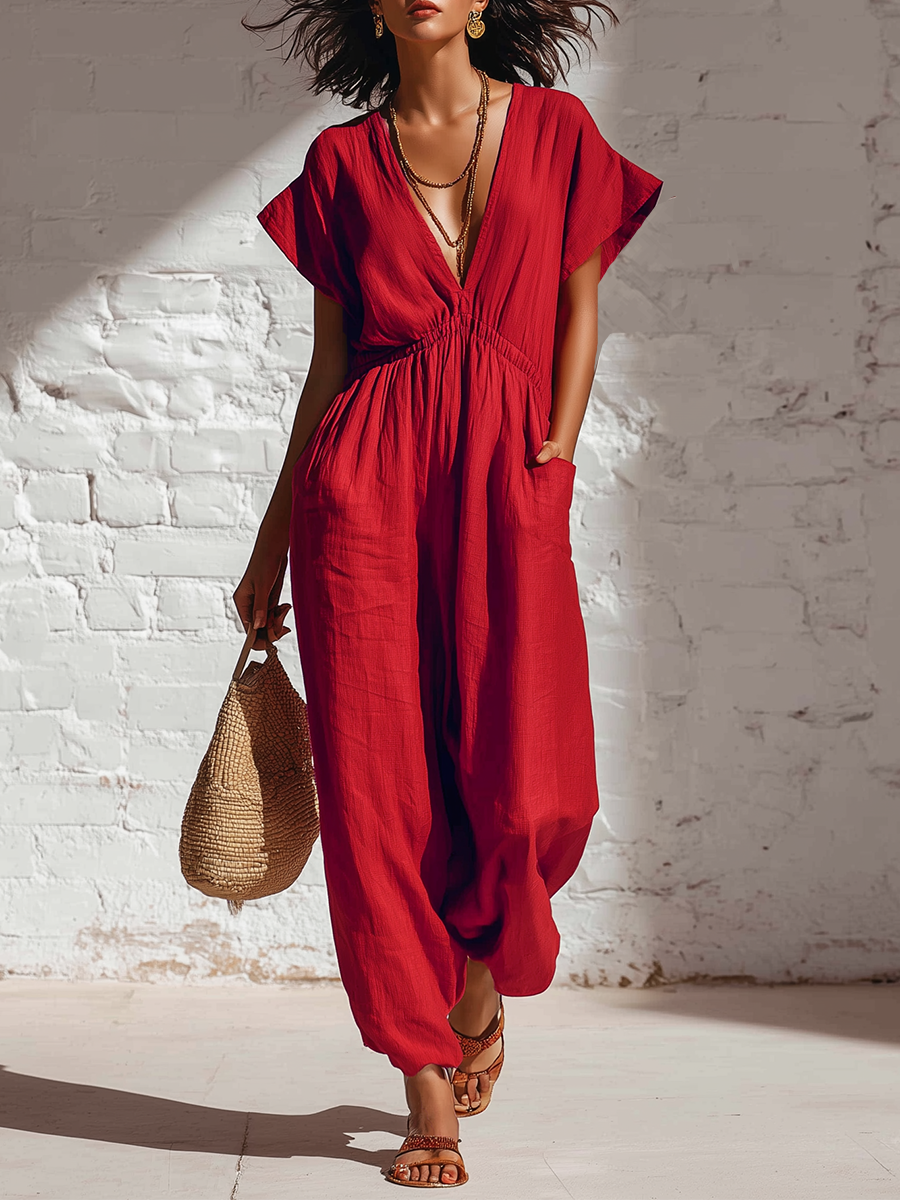 Red Cotton And Linen Batwing Sleeve V-neck With Elastic Waistband Jumpsuit