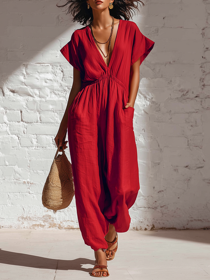Red Cotton And Linen Batwing Sleeve V-neck With Elastic Waistband Jumpsuit