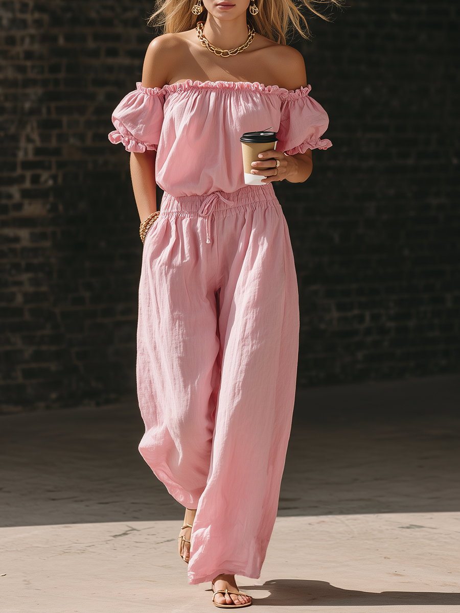 Casual Pink Cotton And Linen Off Shoulder Short Sleeved Top And Wide Leg Pants Set