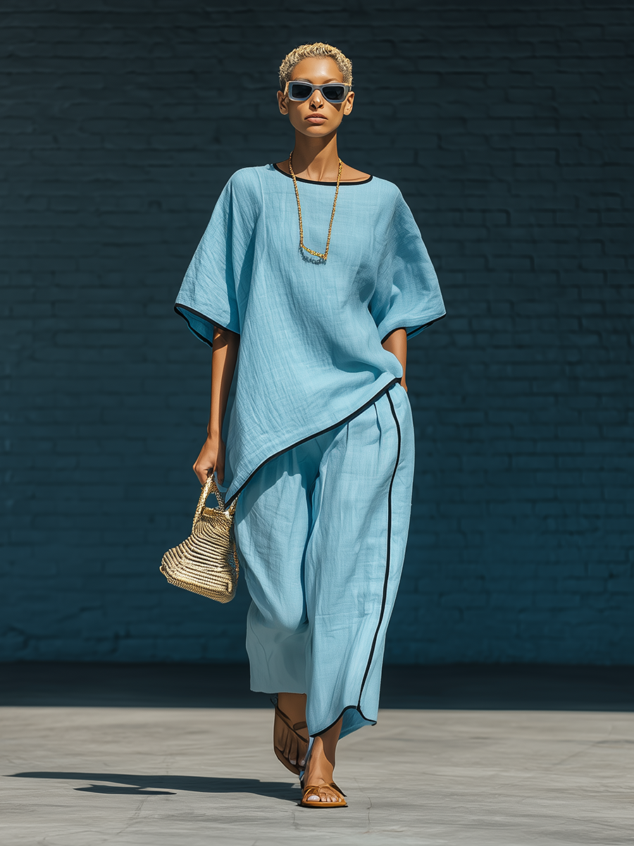 Stylish Simple Loose-fitting Short-sleeved Irregular Hem Top And Wide-leg Pants Blue Cotton Set