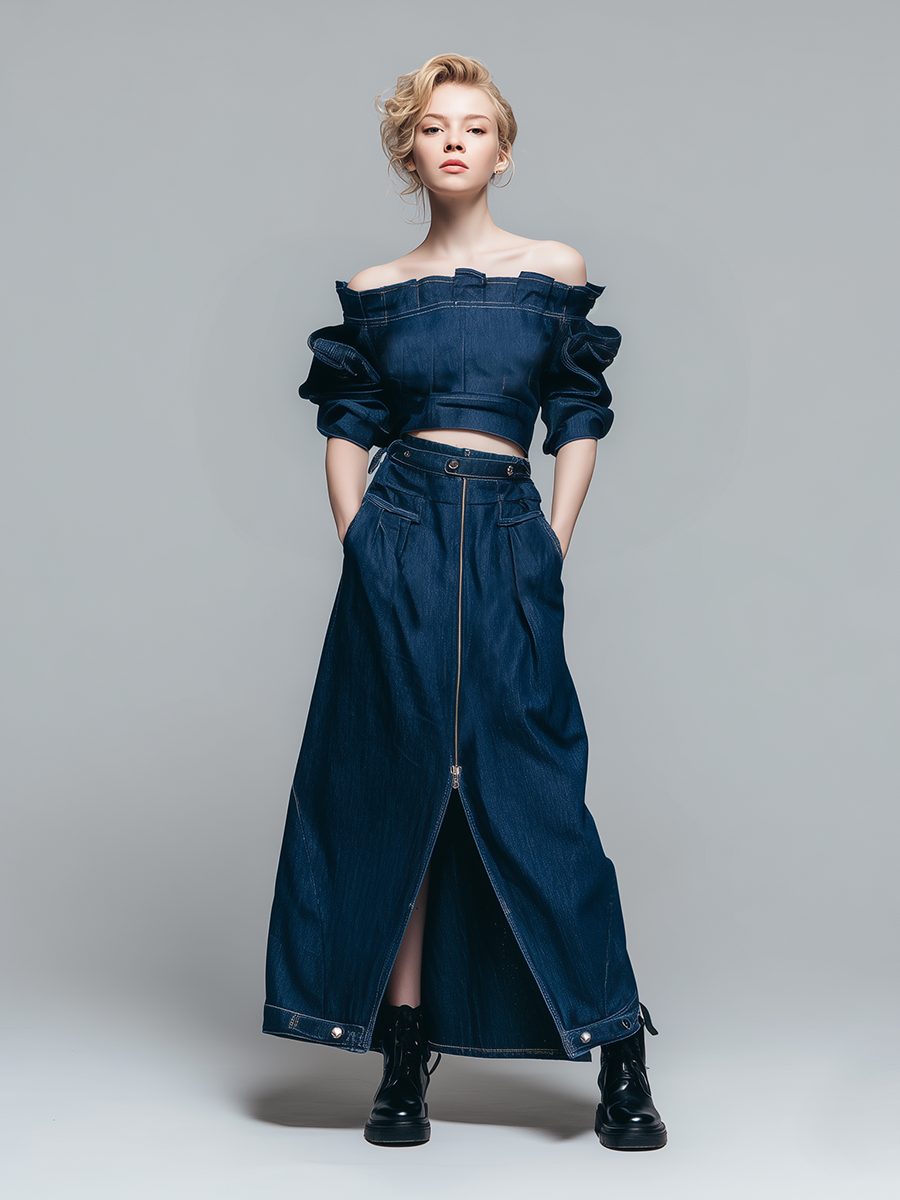 Retro-style Loose Short-sleeved Off-the-shoulder Top And Front Zipper Belt Skirt Denim Blue Set