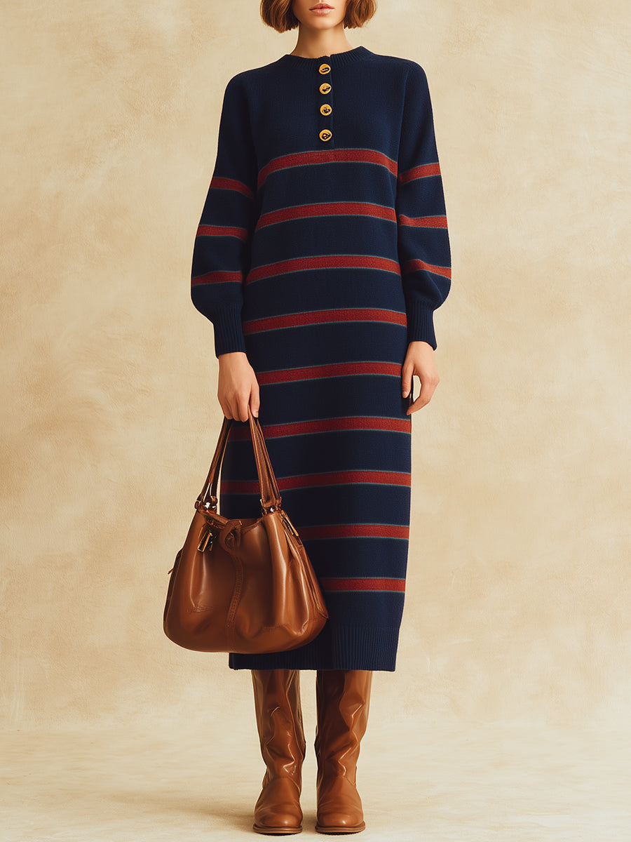 Vintage Red Striped Crew Neck Navy Knit Maxi Dress