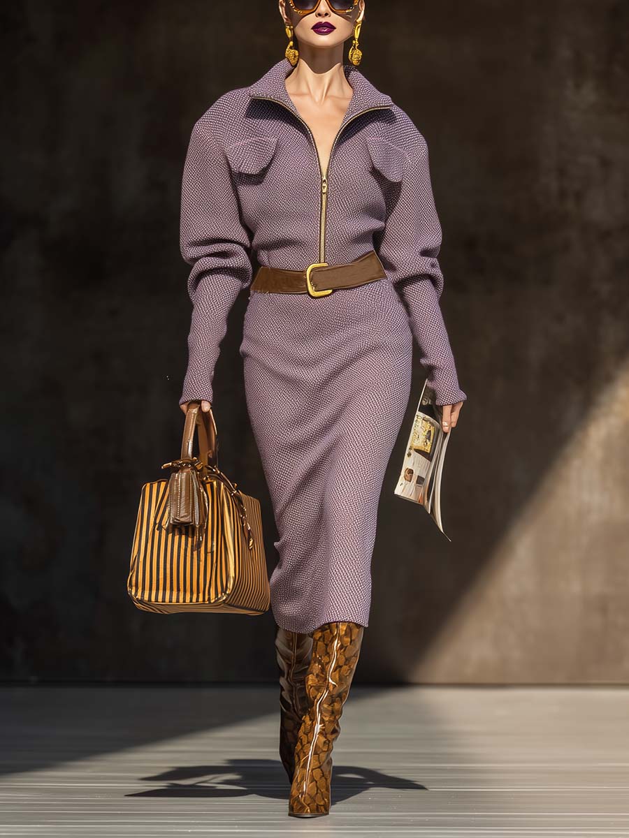 Elegant Retro Exquisite Lapel Front Zipper Leg Of Mutton Sleeves Purple Tweed Midi Dress
