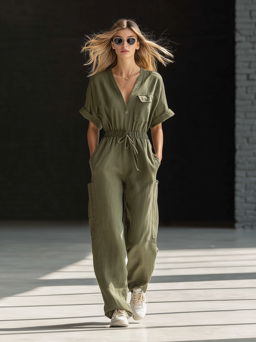 Retro-style Loose-fitting Short-sleeved V-neck Cinched Waist Wide Legs Green Cotton Jumpsuit