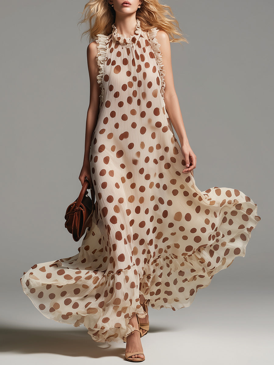 Elegant Fashion Sleeveless Halter-neck Pleated Ruffle Polka Dot Chiffon Beige Maxi Dress