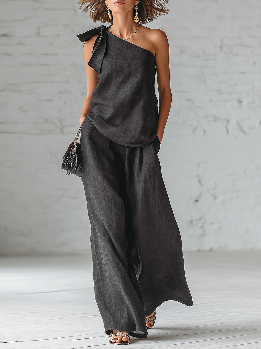 Gray Cotton And Linen Sleeveless One Shoulder Top With Tie Detail And Wide Leg Pants Set