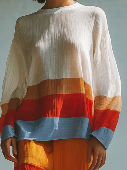 Stylish Simple Striped Loose-fitting Long-sleeved Round-neck Top And Wide-leg Chiffon Pants Set