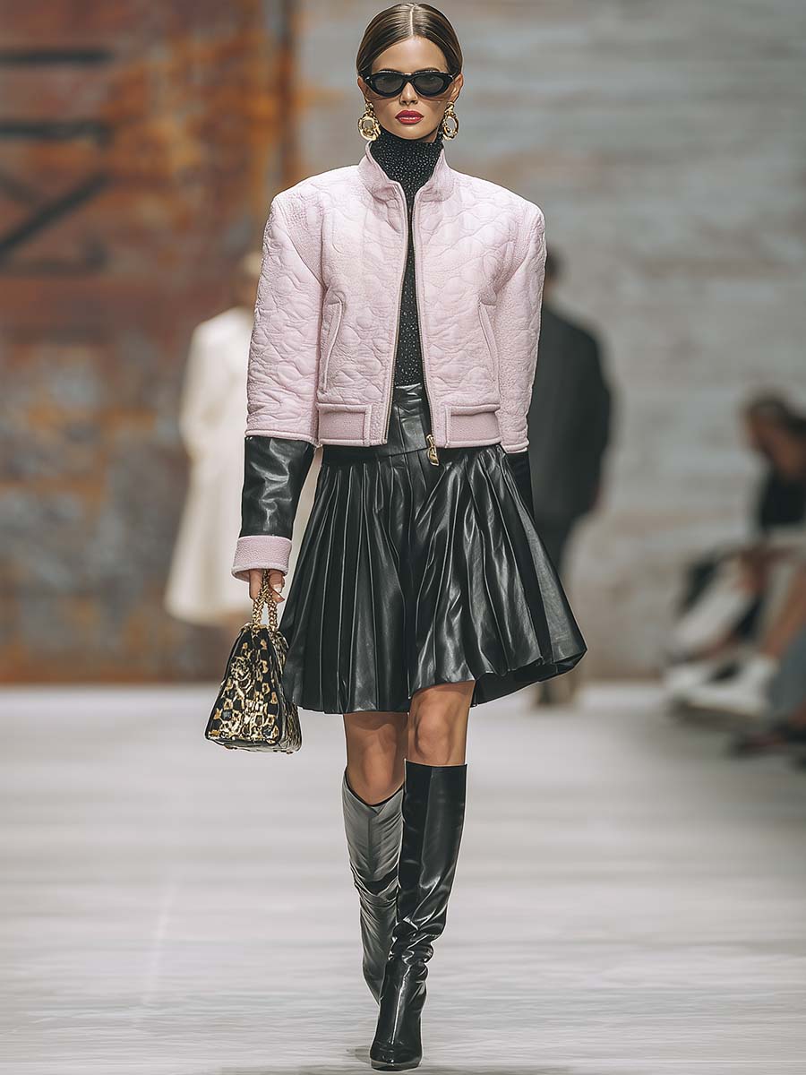 Retro Fashion Street Pink Quilted Front Zipper Baseball Jacket And Black Pleated Leather Skirt Set