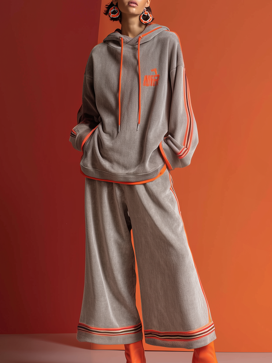 Casual Fashion Retro Sporty Orange-trimmed Gray Cotton Hooded Sweatshirt And Pants Set