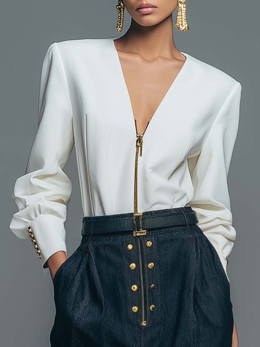 Simple And Versatile Urban White V-neck Front Zipper Shirt