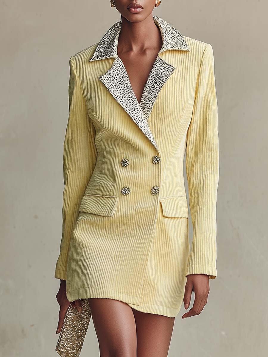 Elegant Fashion Notched Lapel Double-breasted Light Yellow Corduroy Blazer Style Mini Dress