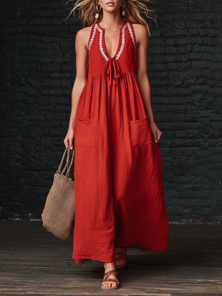 Bohemian Style Red Linen Sleeveless V-neck Embroidered Maxi Dress