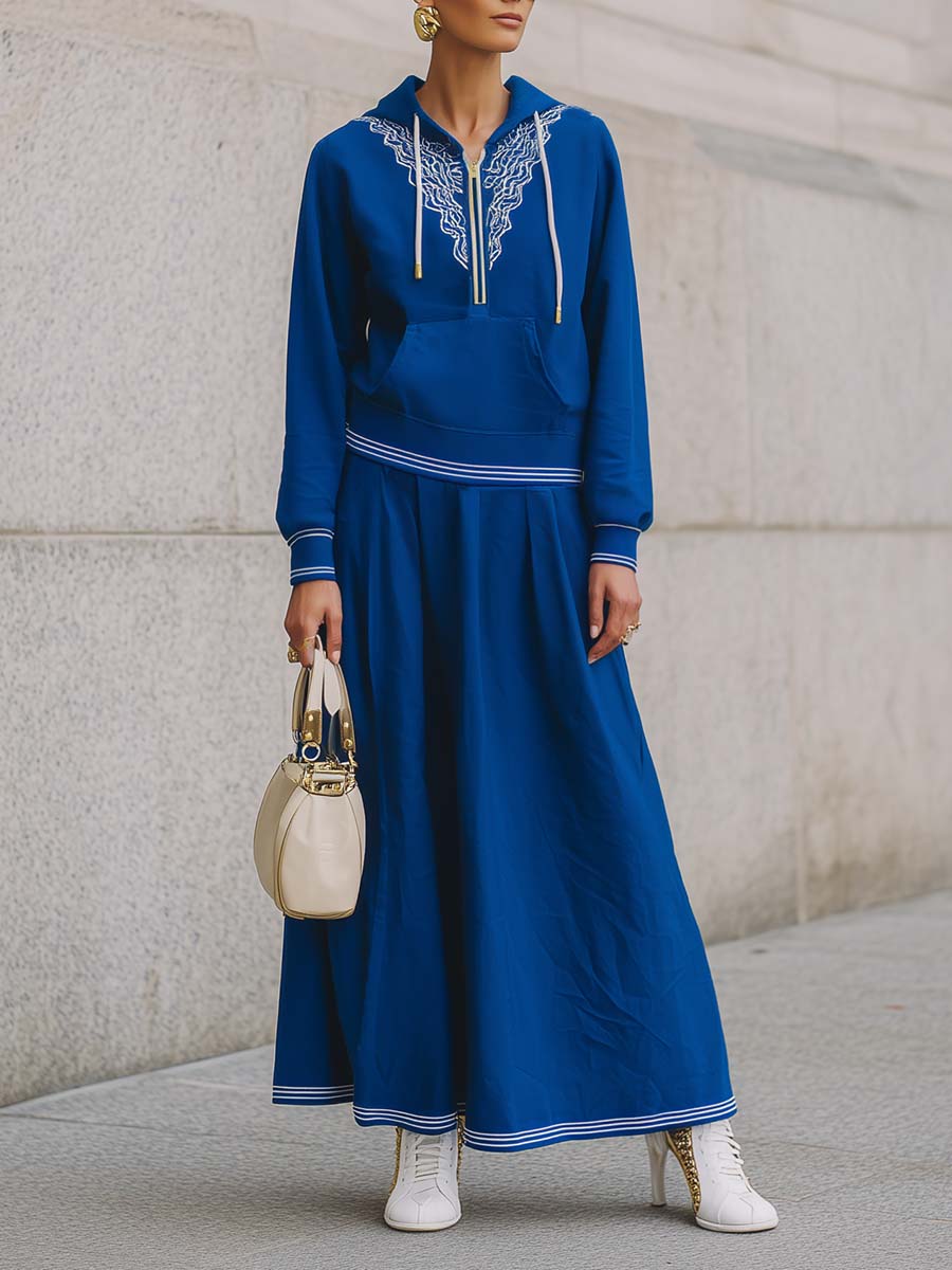 Exquisite Casual Street Royal Blue Sports Cotton Front Zipper Embroidered Hoodie And Maxi Skirt Set