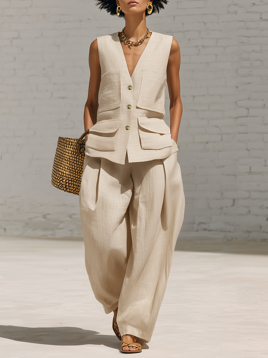 Casual Beige V-neck Button Up Linen Vest And Wide Leg Pants Set