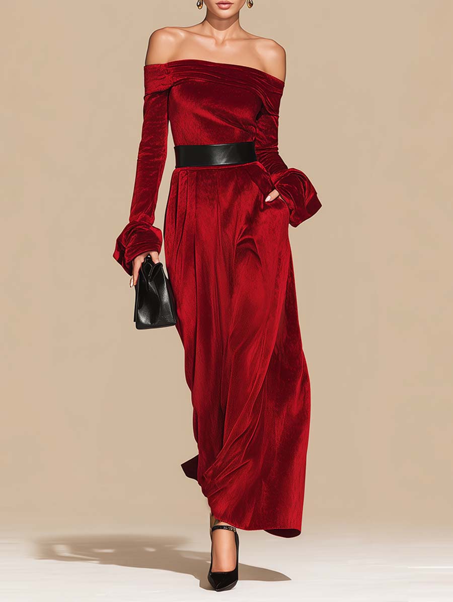 Retro Fashion Red Velvet One-shoulder Midi Dress