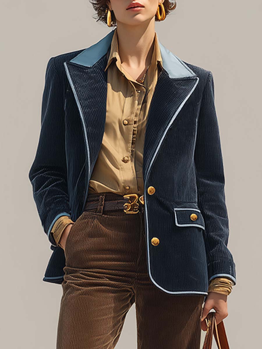 Retro Fashion Blue Corduroy Lapel Blazers
